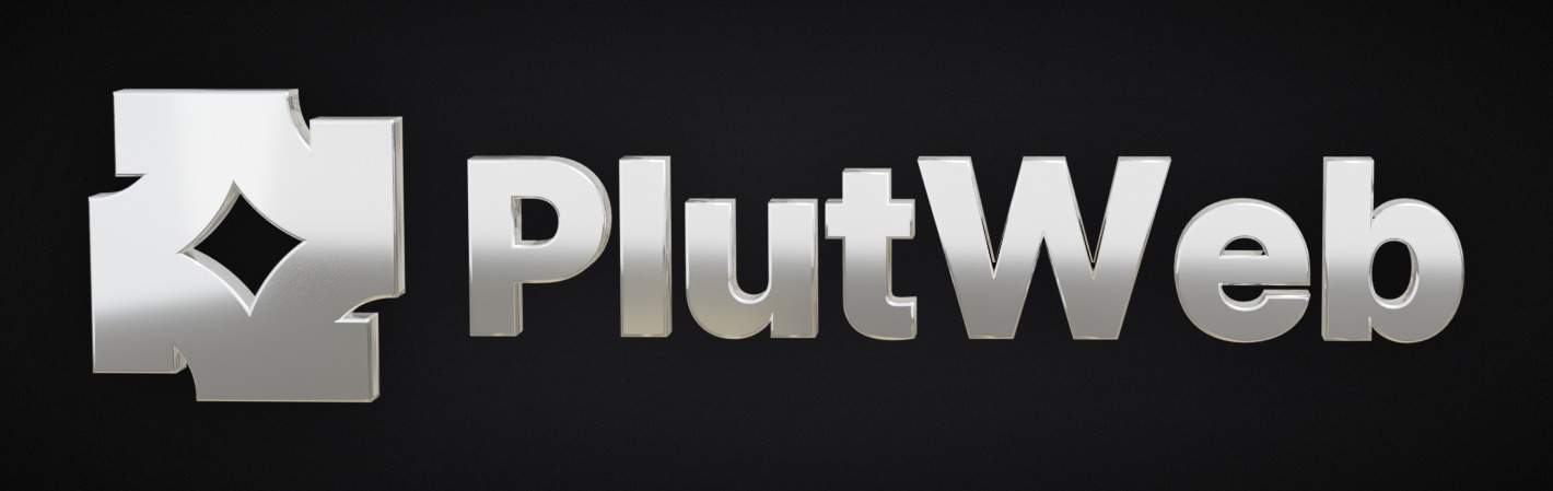 PlutWeb 3D 로고 — 크롬 심볼과 워드마크